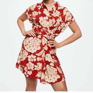 Mango Red and Cream Floral Tie-Waist Mini Dress, floral, Size S, great condition